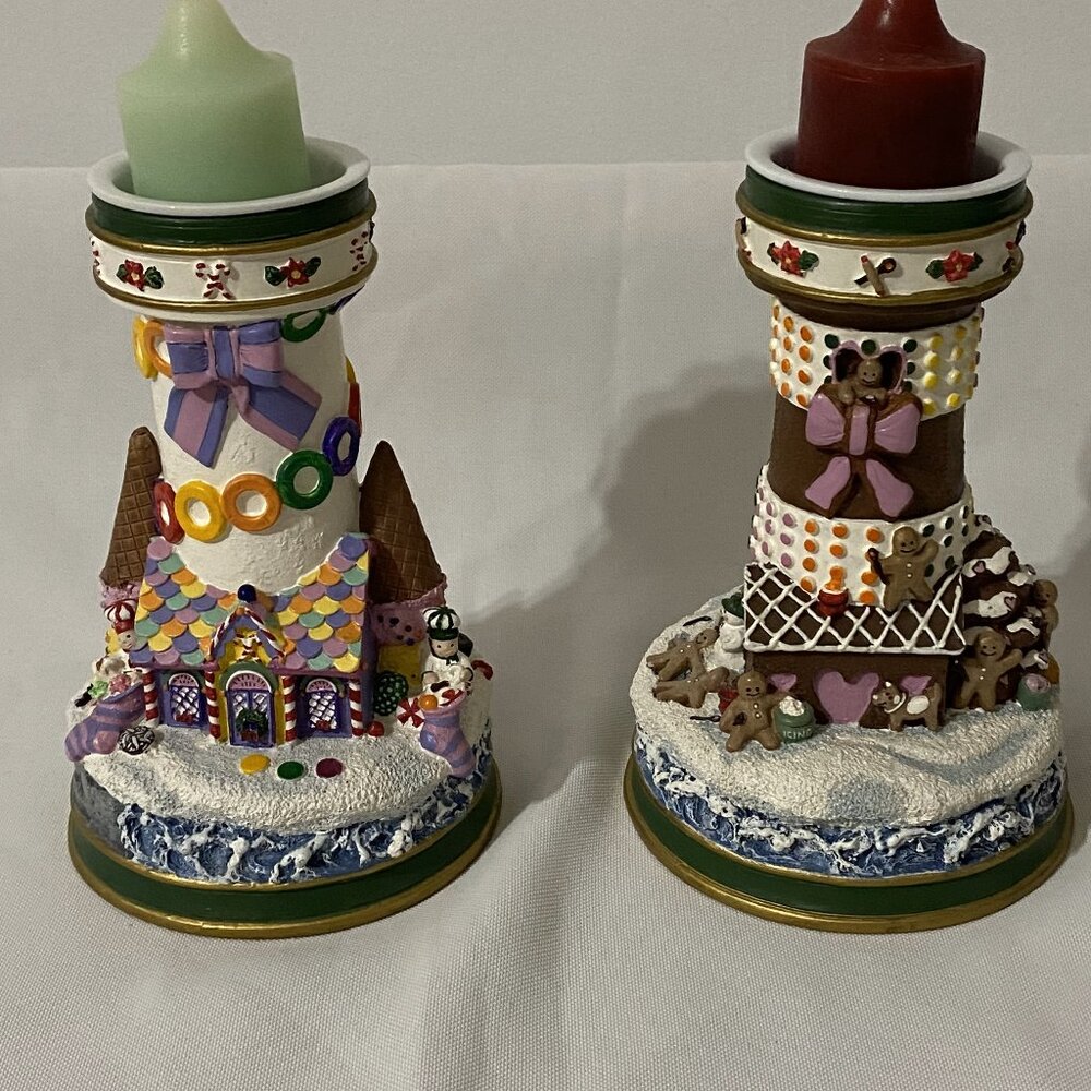 VTG Danbury Mint Christmas Lighthouse Candlesticks by Cheryl Spencer Collin